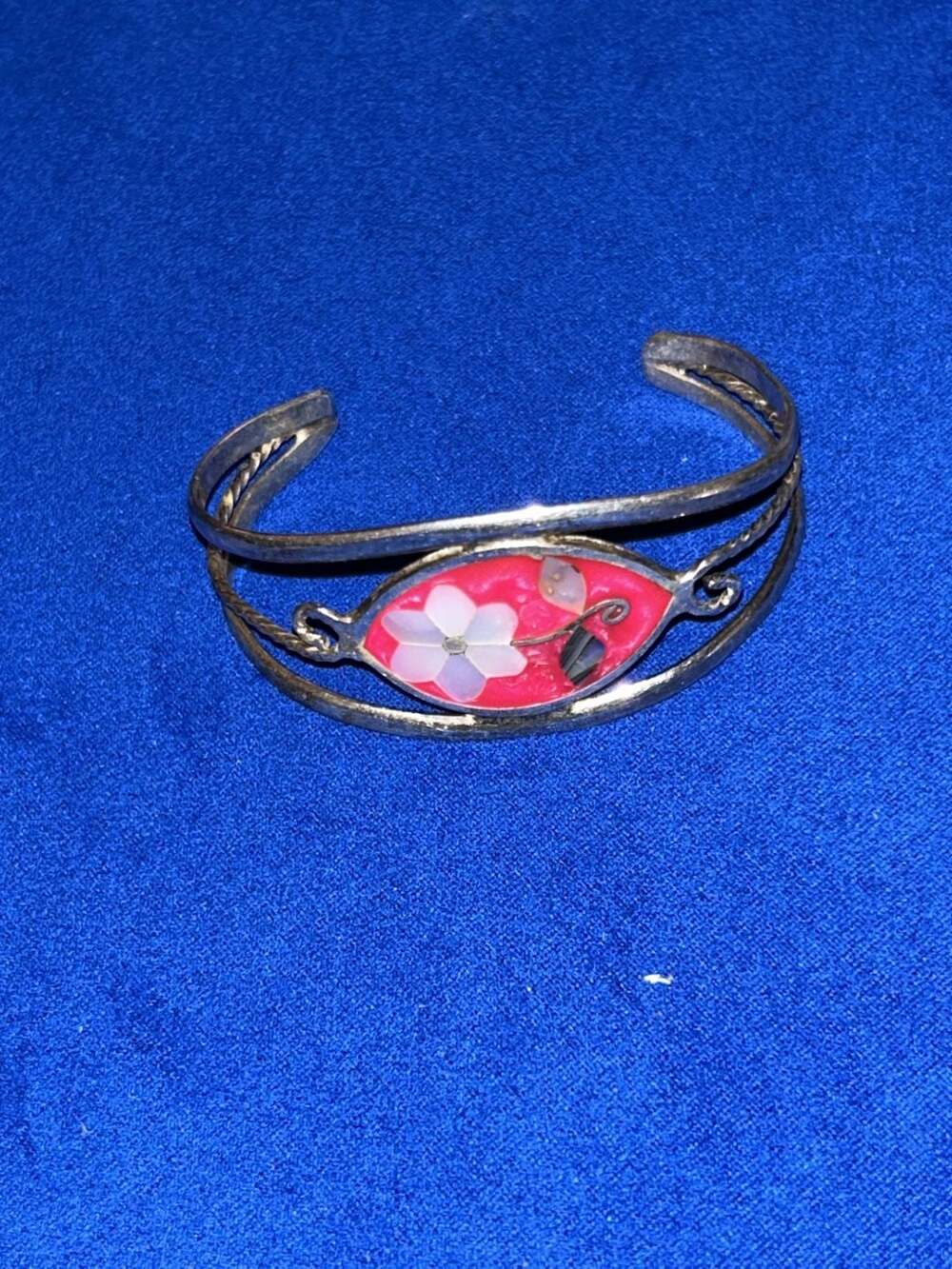 Vintage Mexican Alpaca Silver Cuff Bracelet with Pink Enamel and Mother of Pearl